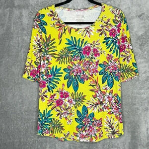 Time & Tru XL Shirt Top Yellow Floral Short Sleeve Scoop Neck Cotton Casual Knit